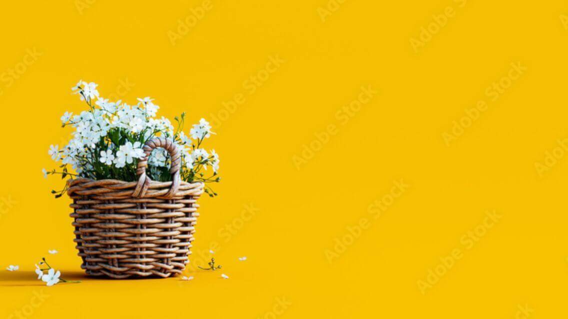 Spring Flowers in a Basket Yellow Background